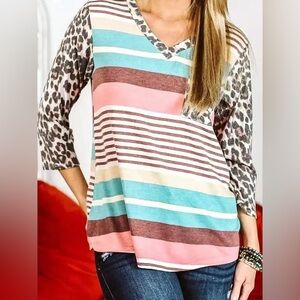 Now N Forever NEW Cheetah Multicolor Stripe Casual Western Preppy Top Size 3XL